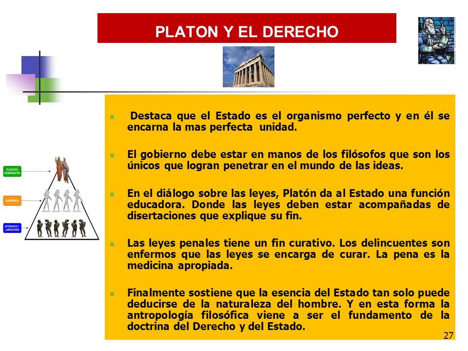 PLATON Y EL DERECHO Destaca que el Estado es el organismo perfecto y en él se encarna la mas perfecta unidad.