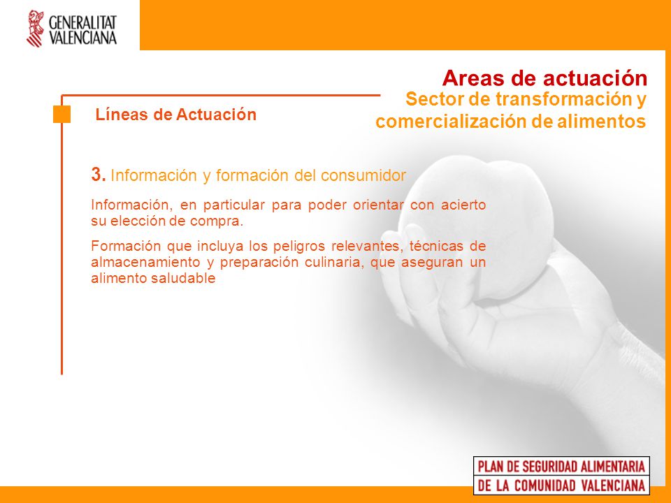 Areas de actuación Sector de transformación y comercialización de alimentos. Líneas de Actuación. 3. Información y formación del consumidor.