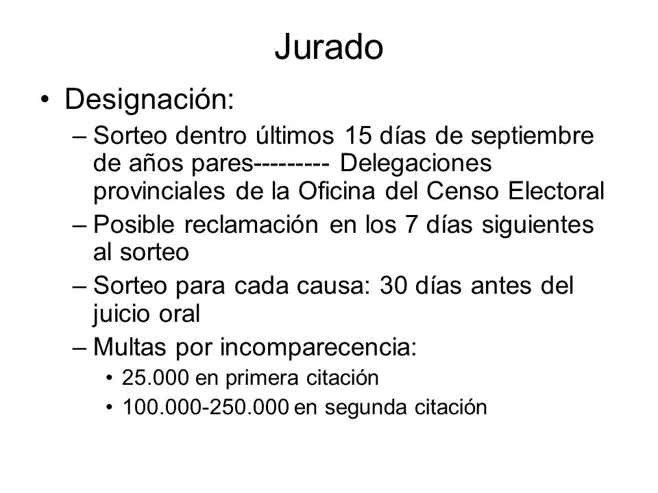 Jurado Designación: Sorteo dentro últimos 15 días de septiembre de años pares Delegaciones provinciales de la Oficina del Censo Electoral.