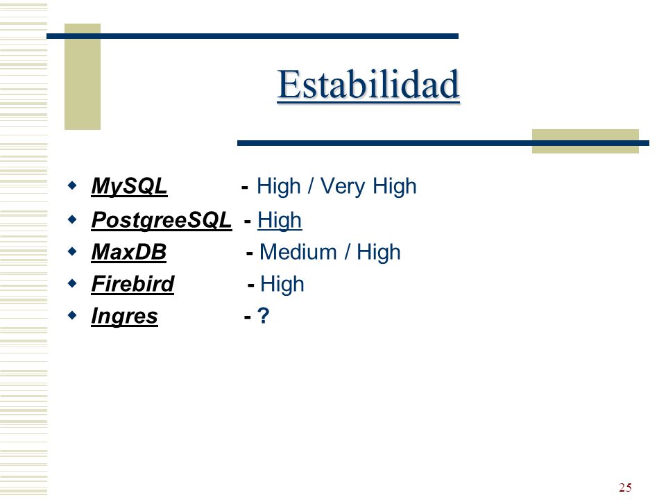 Estabilidad MySQL - High / Very High PostgreeSQL - High