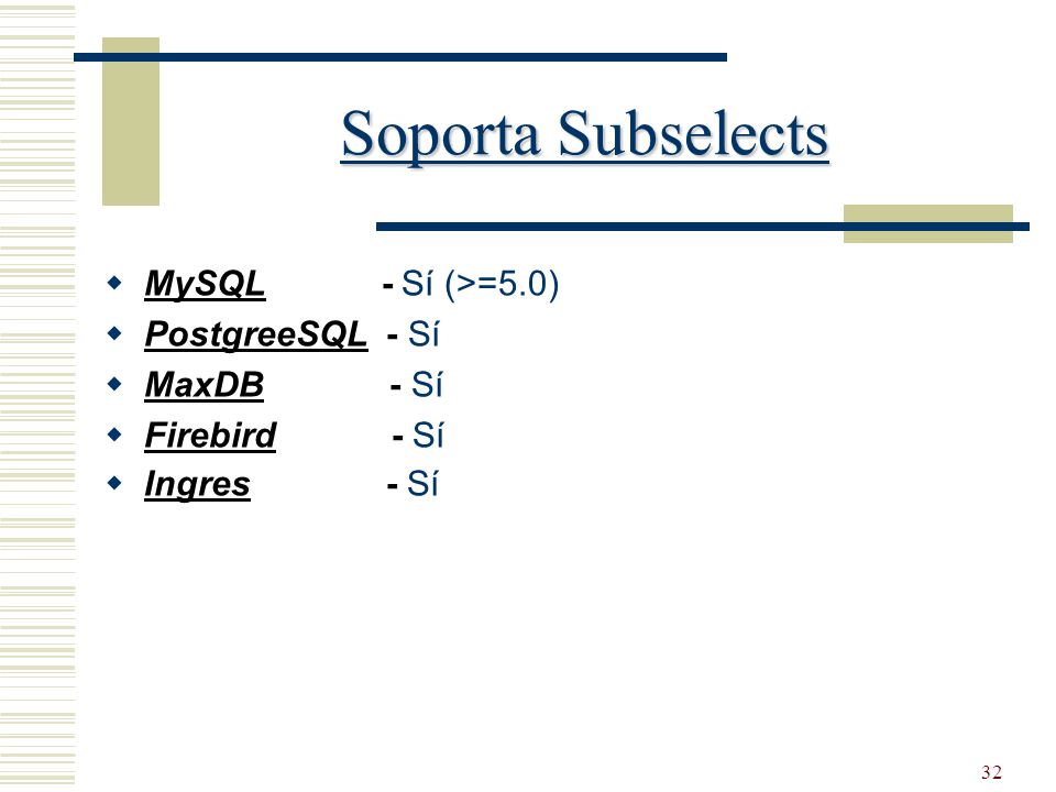 Soporta Subselects MySQL - Sí (>=5.0) PostgreeSQL - Sí MaxDB - Sí