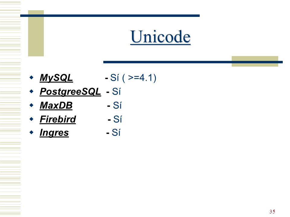 Unicode MySQL - Sí ( >=4.1) PostgreeSQL - Sí MaxDB - Sí