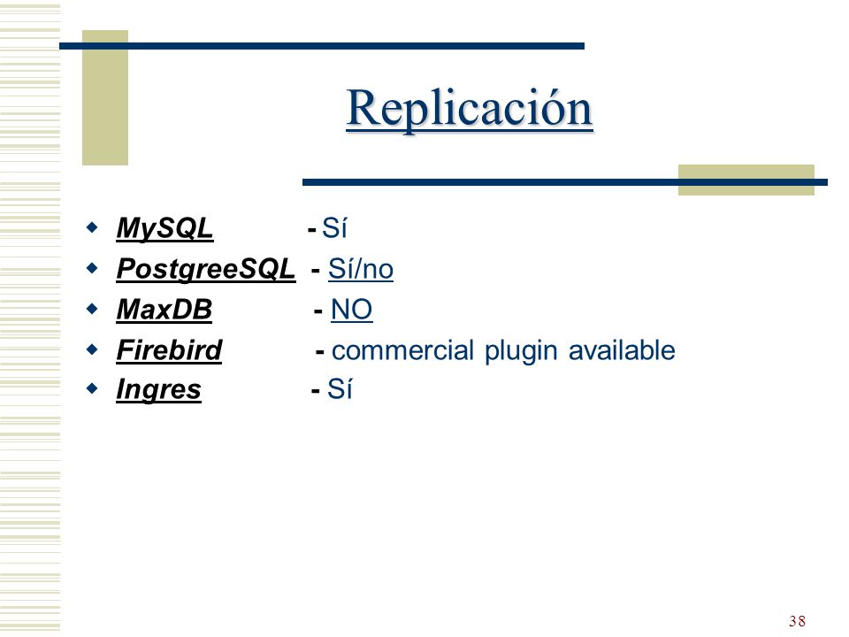 Replicación MySQL - Sí PostgreeSQL - Sí/no MaxDB - NO