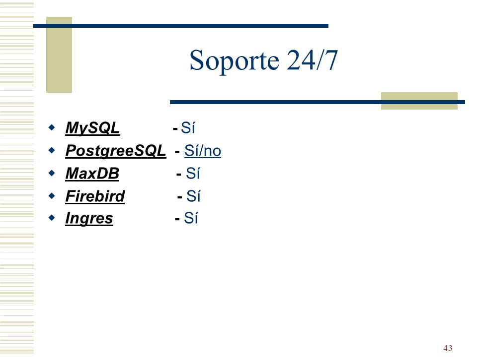 Soporte 24/7 MySQL - Sí PostgreeSQL - Sí/no MaxDB - Sí Firebird - Sí