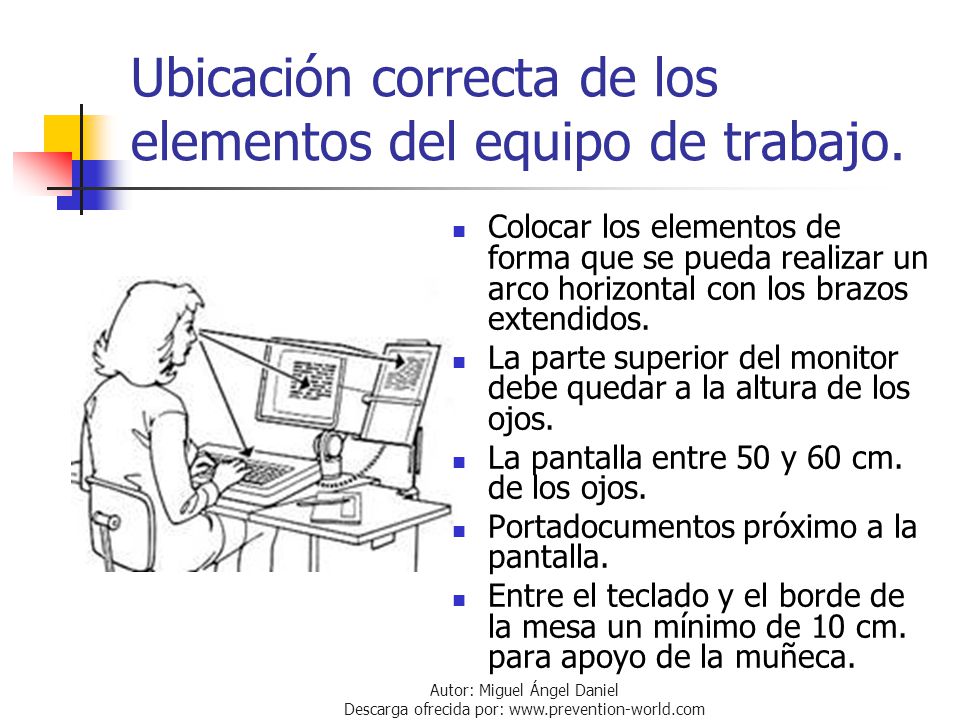 Ubicación correcta de los elementos del equipo de trabajo.