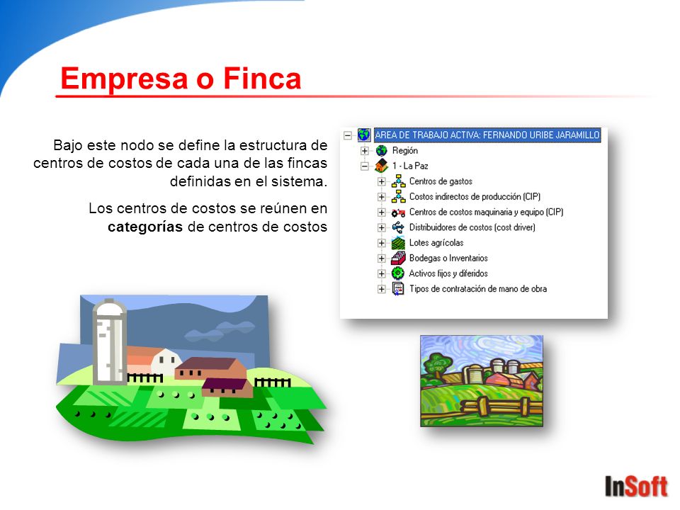Empresa o Finca Bajo este nodo se define la estructura de centros de costos de cada una de las fincas definidas en el sistema.