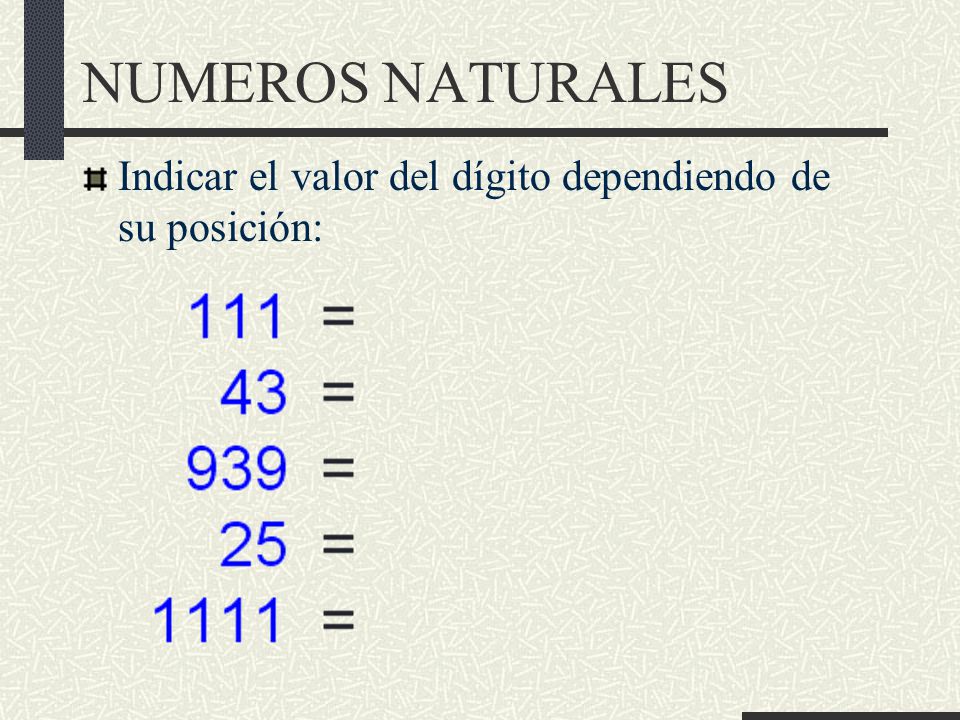 NUMEROS NATURALES Indicar el valor del dígito dependiendo de su posición: