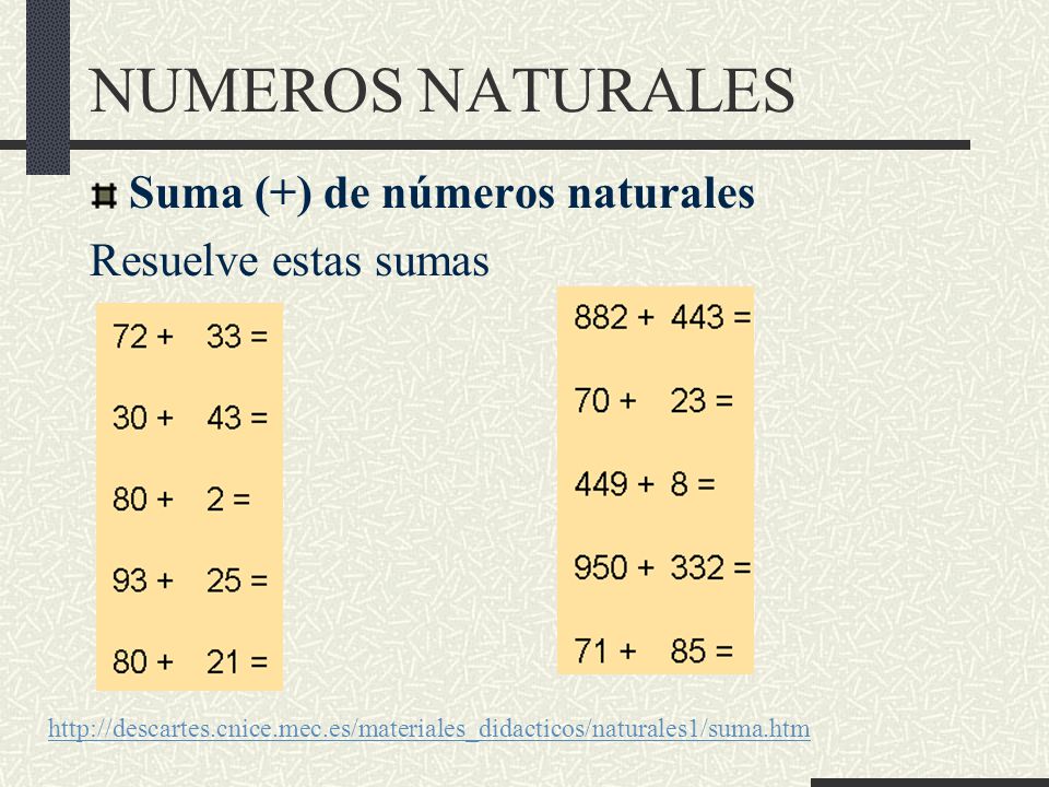 NUMEROS NATURALES Suma (+) de números naturales Resuelve estas sumas