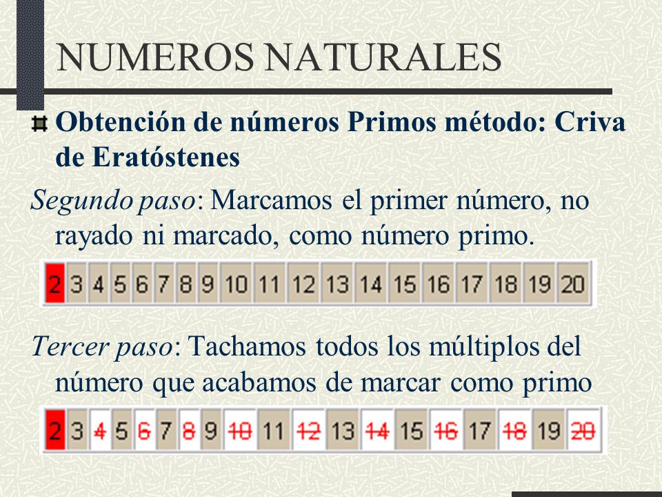 NUMEROS NATURALES Obtención de números Primos método: Criva de Eratóstenes.
