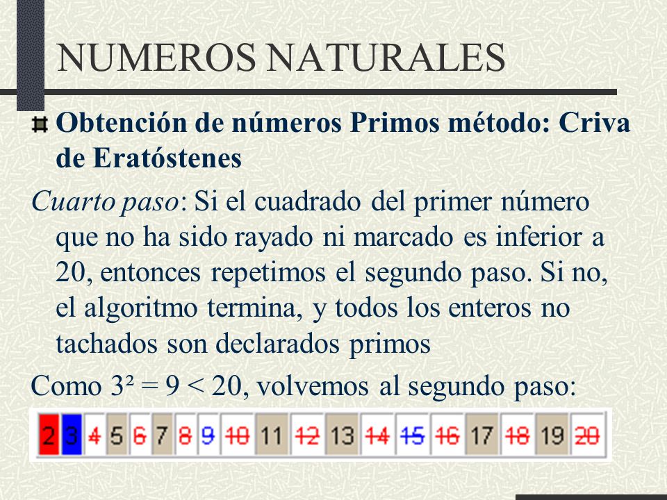 NUMEROS NATURALES Obtención de números Primos método: Criva de Eratóstenes.