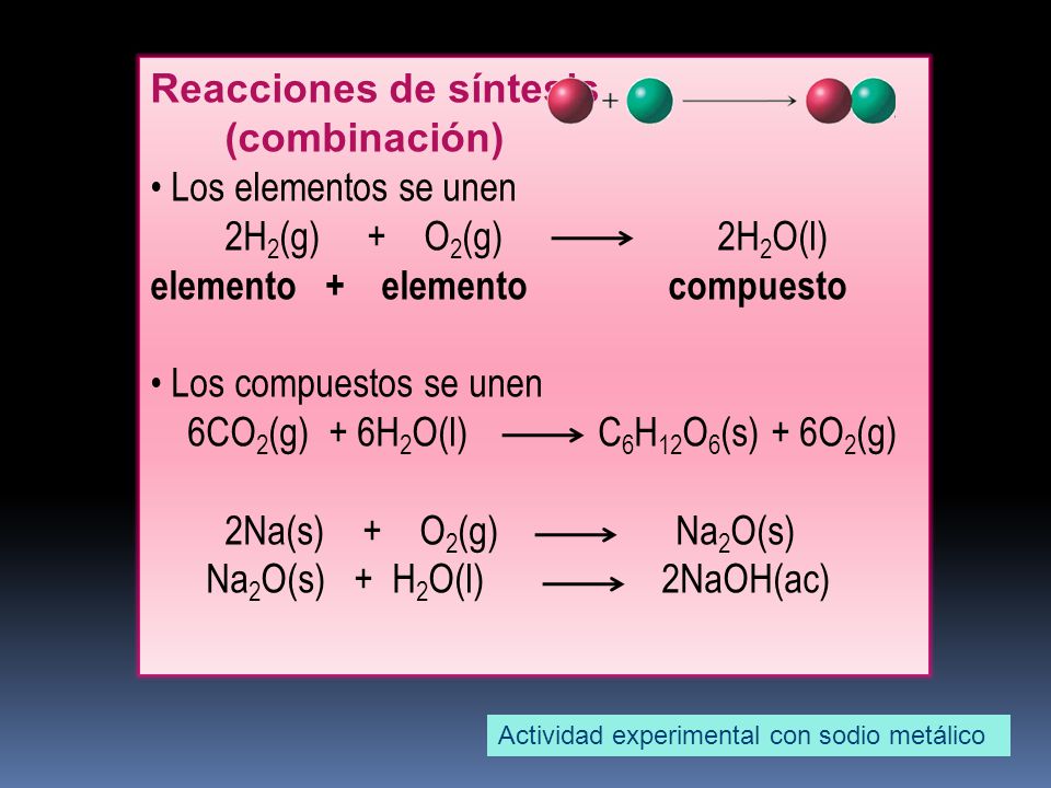 Reacciones de síntesis (combinación) • Los elementos se unen