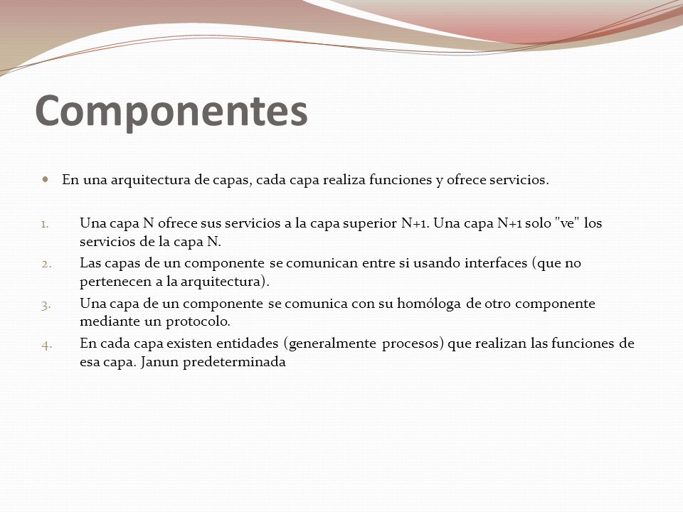 Componentes En una arquitectura de capas, cada capa realiza funciones y ofrece servicios.