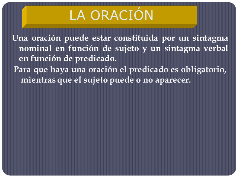 LA ORACIÓN Una oración puede estar constituida por un sintagma nominal en función de sujeto y un sintagma verbal en función de predicado.