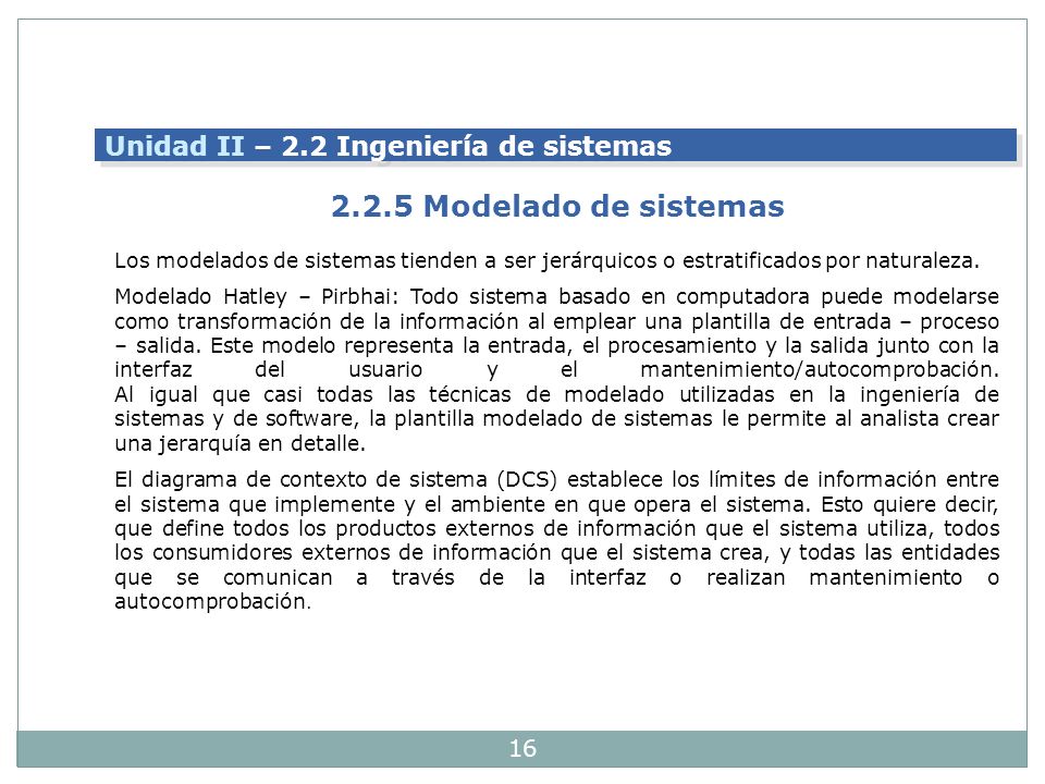2.2.5 Modelado de sistemas Unidad II – 2.2 Ingeniería de sistemas
