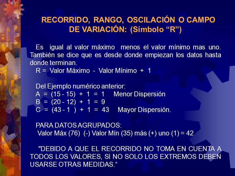 RECORRIDO, RANGO, OSCILACIÓN O CAMPO DE VARIACIÓN: (Símbolo R )
