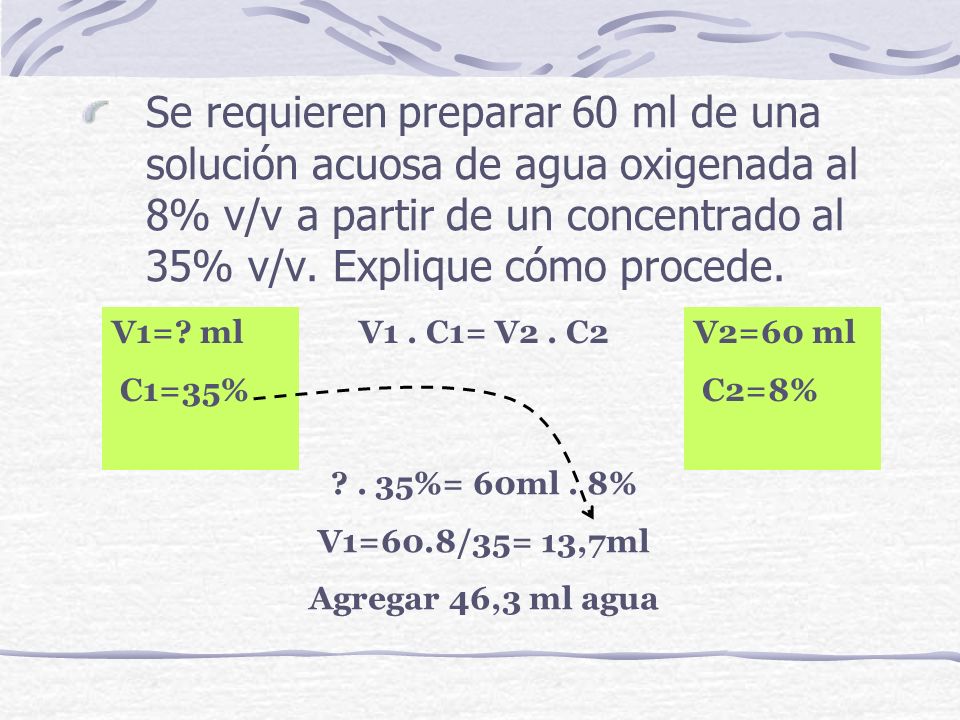 Se requieren preparar 60 ml de una solución acuosa de agua oxigenada al 8% v/v a partir de un concentrado al 35% v/v. Explique cómo procede.