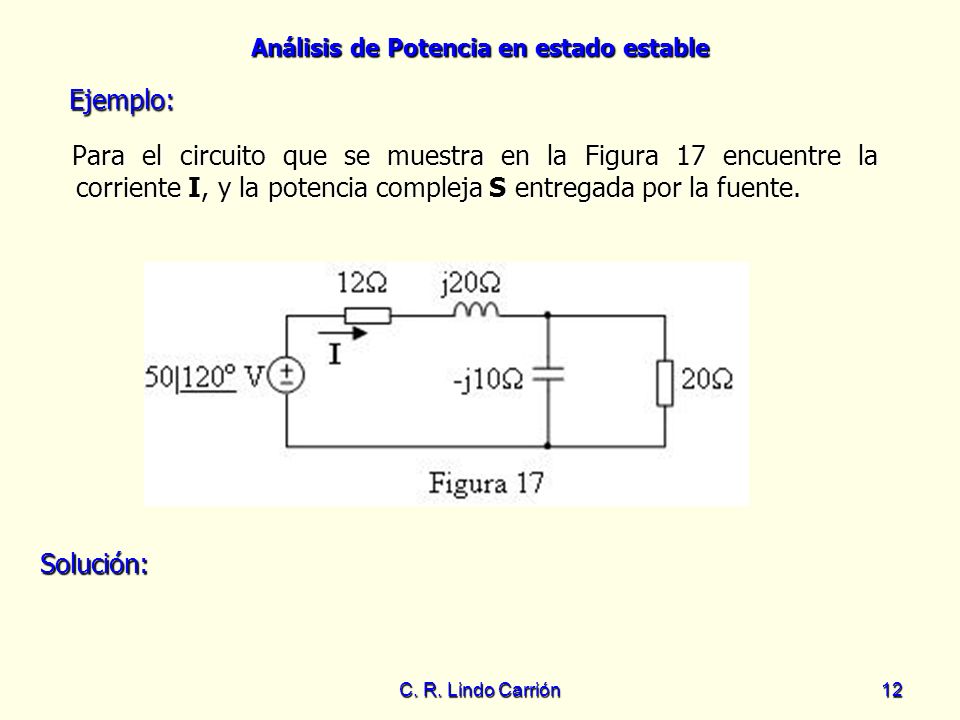 Ejemplo: Para el circuito que se muestra en la Figura 17 encuentre la corriente I, y la potencia compleja S entregada por la fuente.