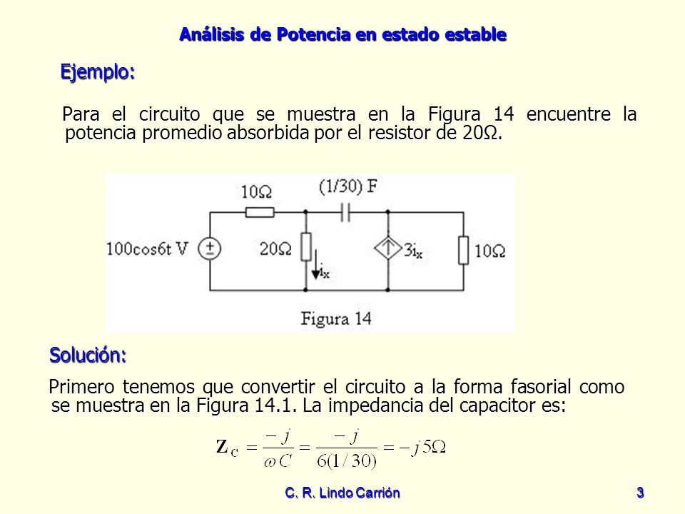 Ejemplo: Para el circuito que se muestra en la Figura 14 encuentre la potencia promedio absorbida por el resistor de 20Ω.