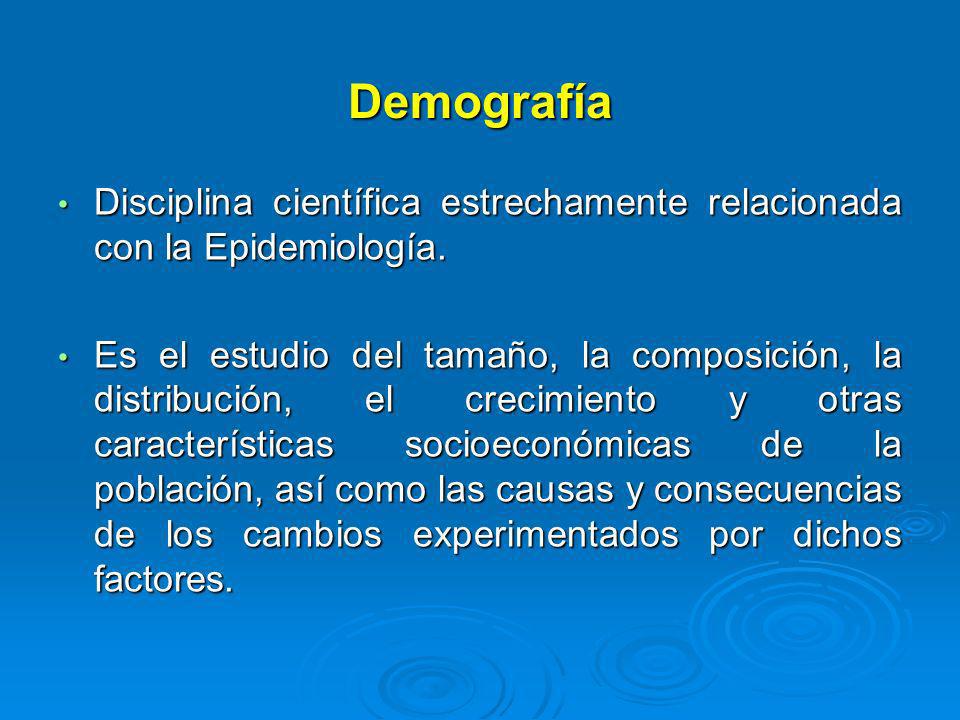 Demografía Disciplina científica estrechamente relacionada con la Epidemiología.