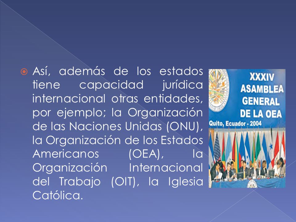 Así, además de los estados tiene capacidad jurídica internacional otras entidades, por ejemplo; la Organización de las Naciones Unidas (ONU), la Organización de los Estados Americanos (OEA), la Organización Internacional del Trabajo (OIT), la Iglesia Católica.