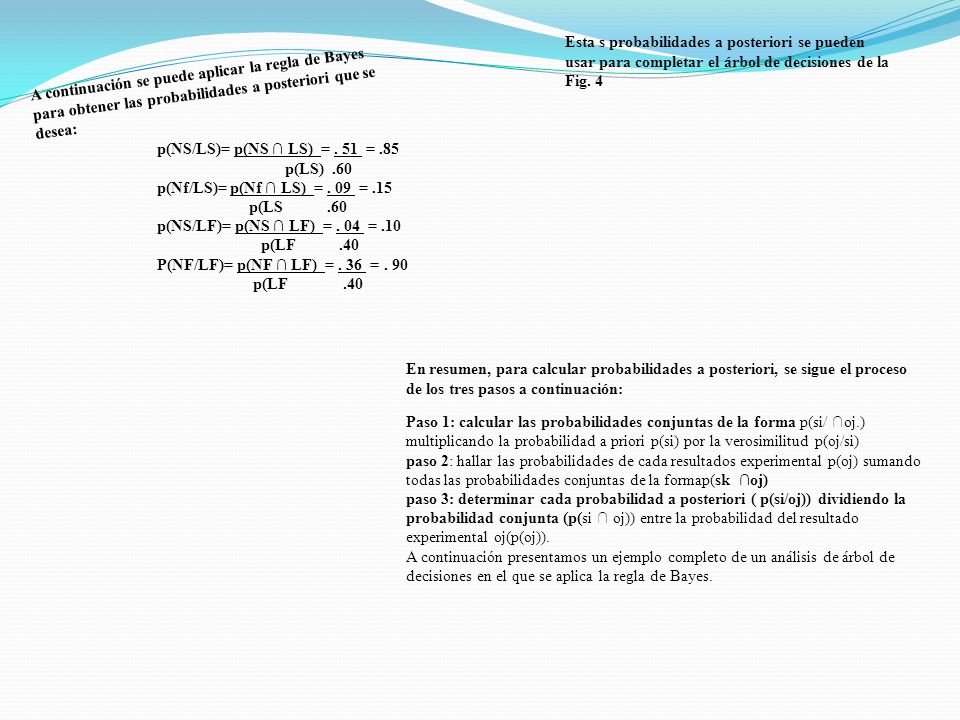 Esta s probabilidades a posteriori se pueden usar para completar el árbol de decisiones de la Fig. 4