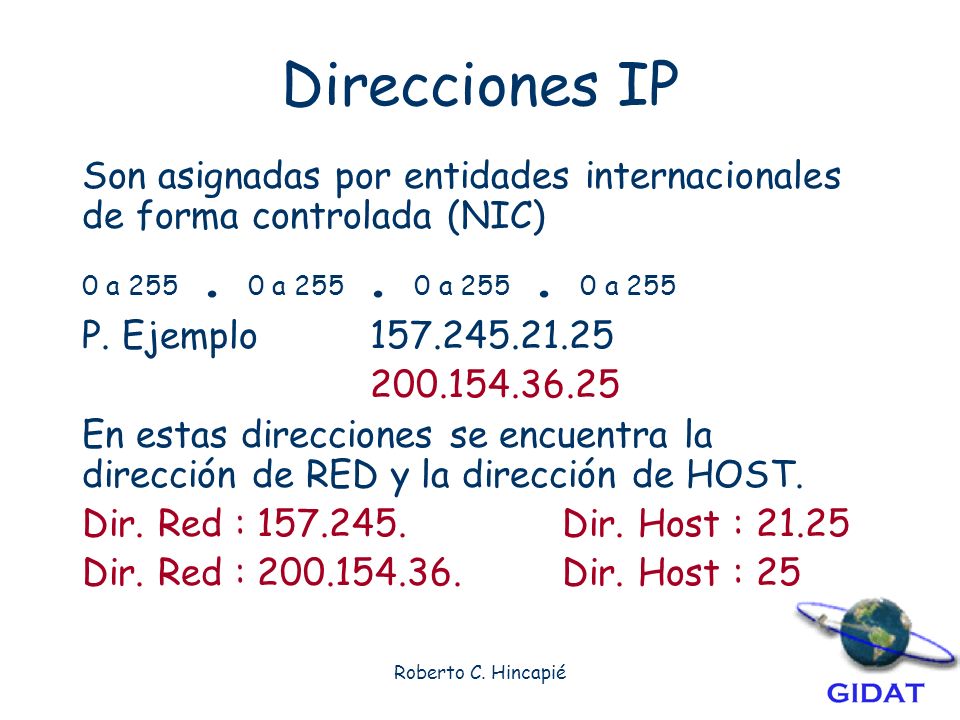 Direcciones IP Son asignadas por entidades internacionales de forma controlada (NIC) 0 a a a a 255.