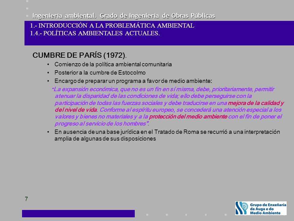CUMBRE DE PARÍS (1972). 1.- INTRODUCCIÓN A LA PROBLEMÁTICA AMBIENTAL