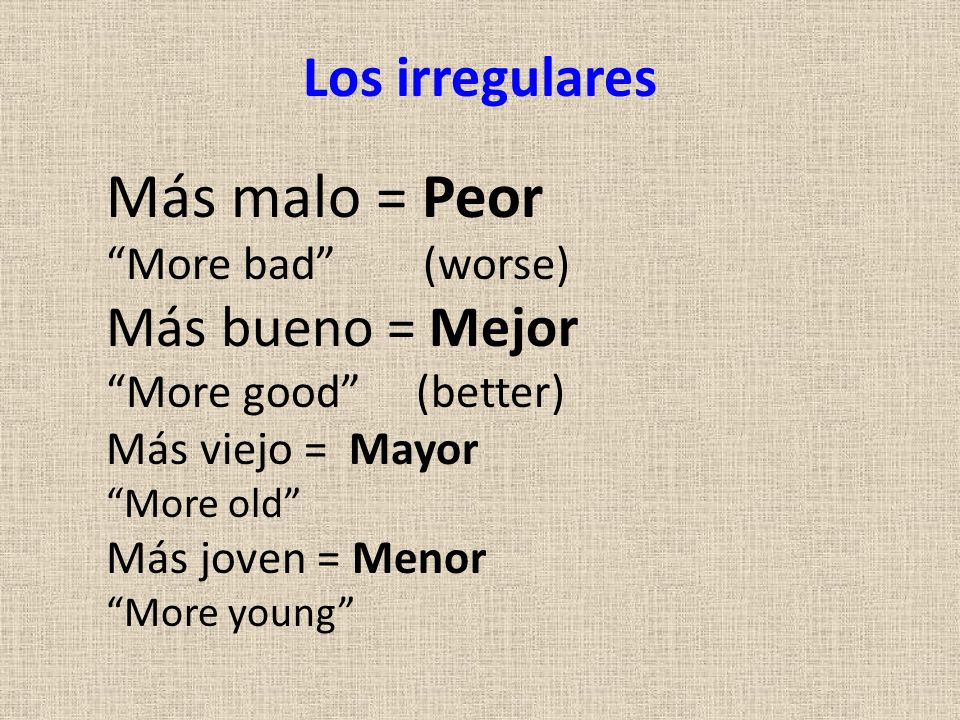 Más malo = Peor Los irregulares Más bueno = Mejor More bad (worse)