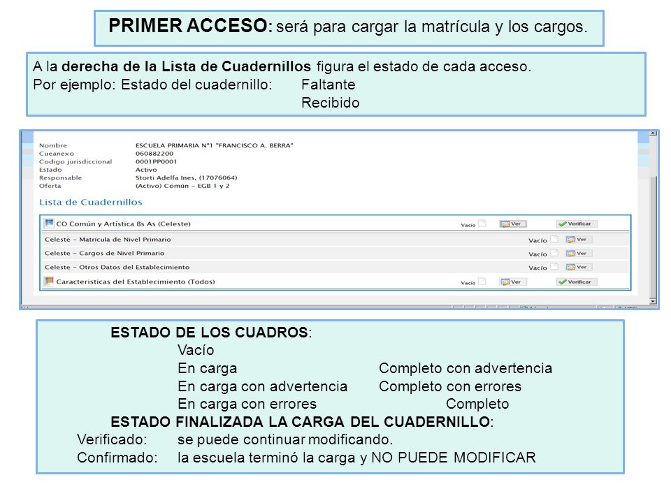 PRIMER ACCESO: será para cargar la matrícula y los cargos.