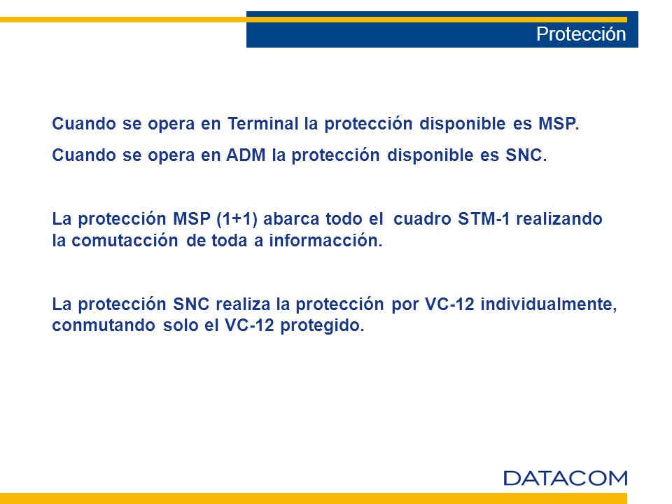 Protección Cuando se opera en Terminal la protección disponible es MSP. Cuando se opera en ADM la protección disponible es SNC.