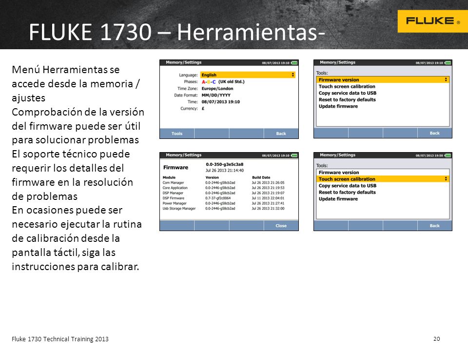 FLUKE 1730 – Herramientas- Menú Herramientas se accede desde la memoria / ajustes.