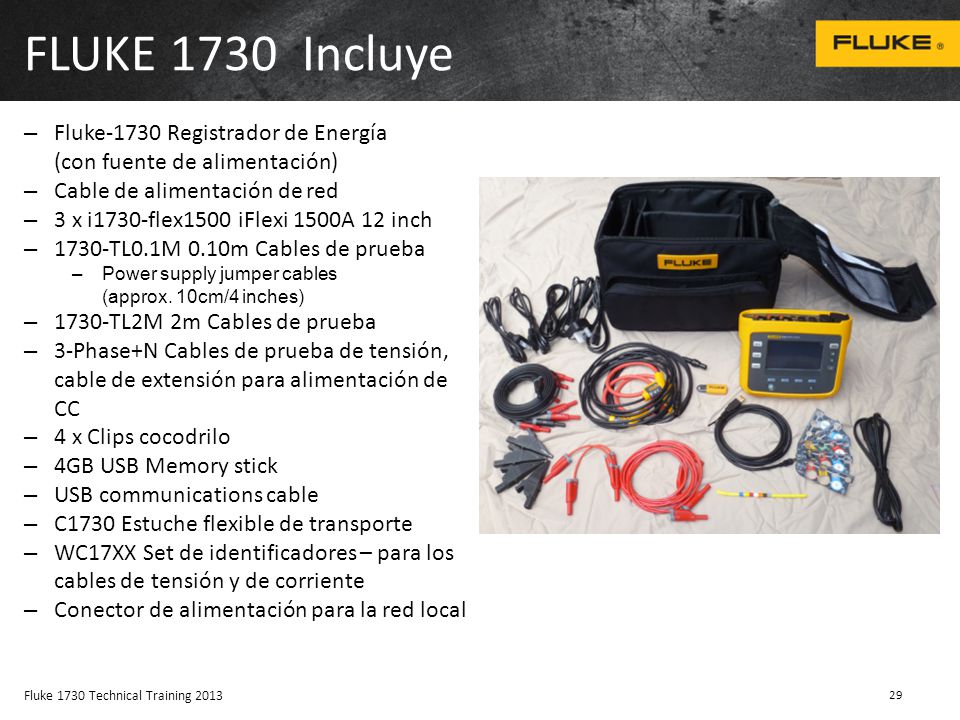 FLUKE 1730 Incluye Fluke-1730 Registrador de Energía (con fuente de alimentación) Cable de alimentación de red.