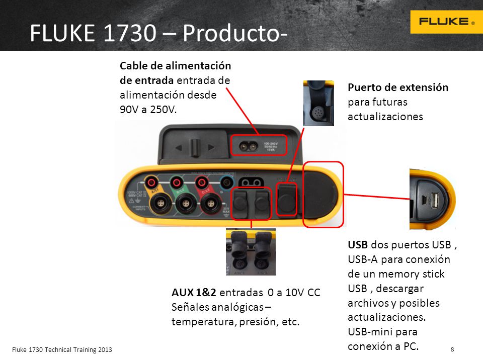 FLUKE 1730 – Producto- Cable de alimentación de entrada entrada de alimentación desde 90V a 250V. Puerto de extensión para futuras actualizaciones.