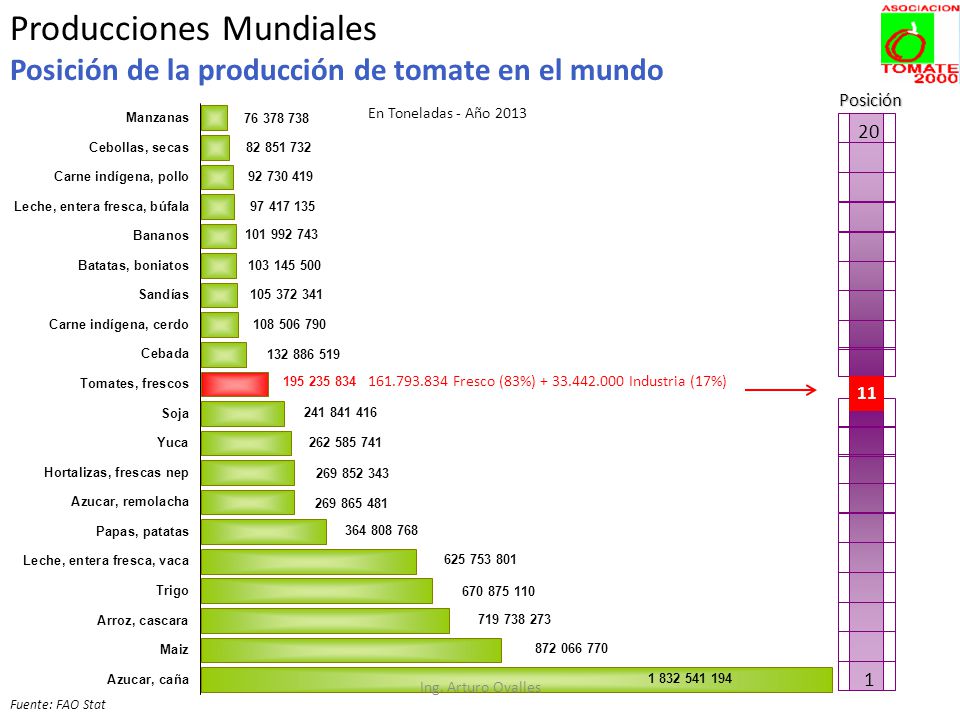 Producciones Mundiales Posición de la producción de tomate en el mundo