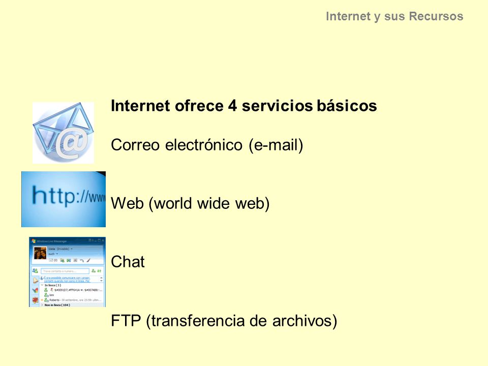 Internet ofrece 4 servicios básicos Correo electrónico ( )