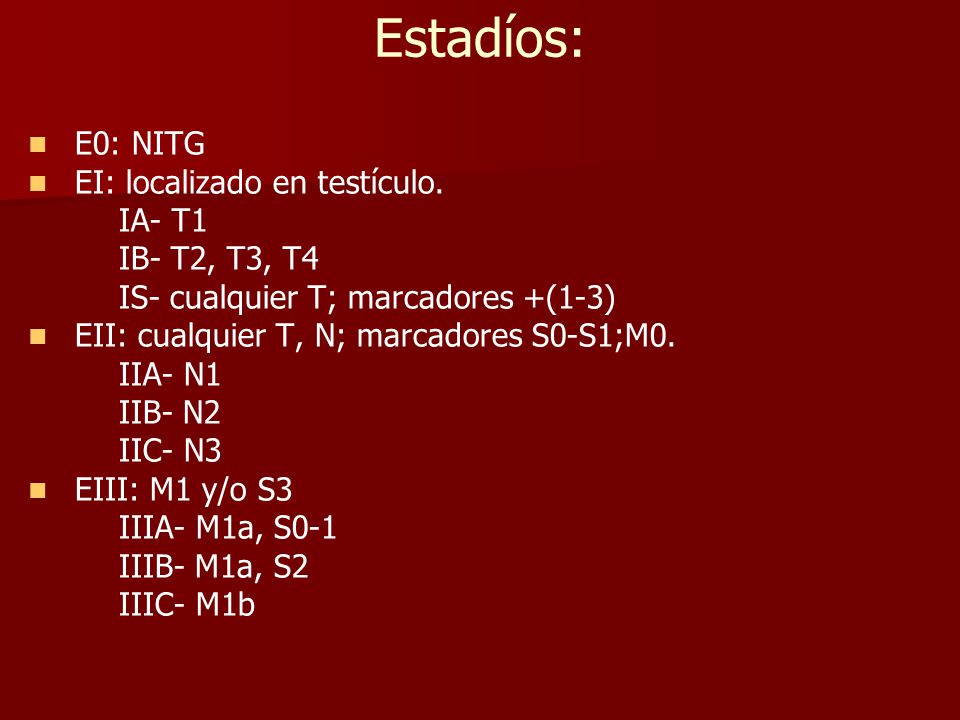 Estadíos: E0: NITG EI: localizado en testículo. IA- T1 IB- T2, T3, T4
