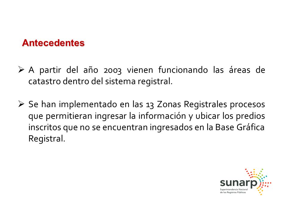 Antecedentes A partir del año 2003 vienen funcionando las áreas de catastro dentro del sistema registral.