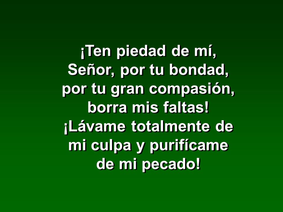 ¡Ten piedad de mí, Señor, por tu bondad, por tu gran compasión, borra mis faltas.