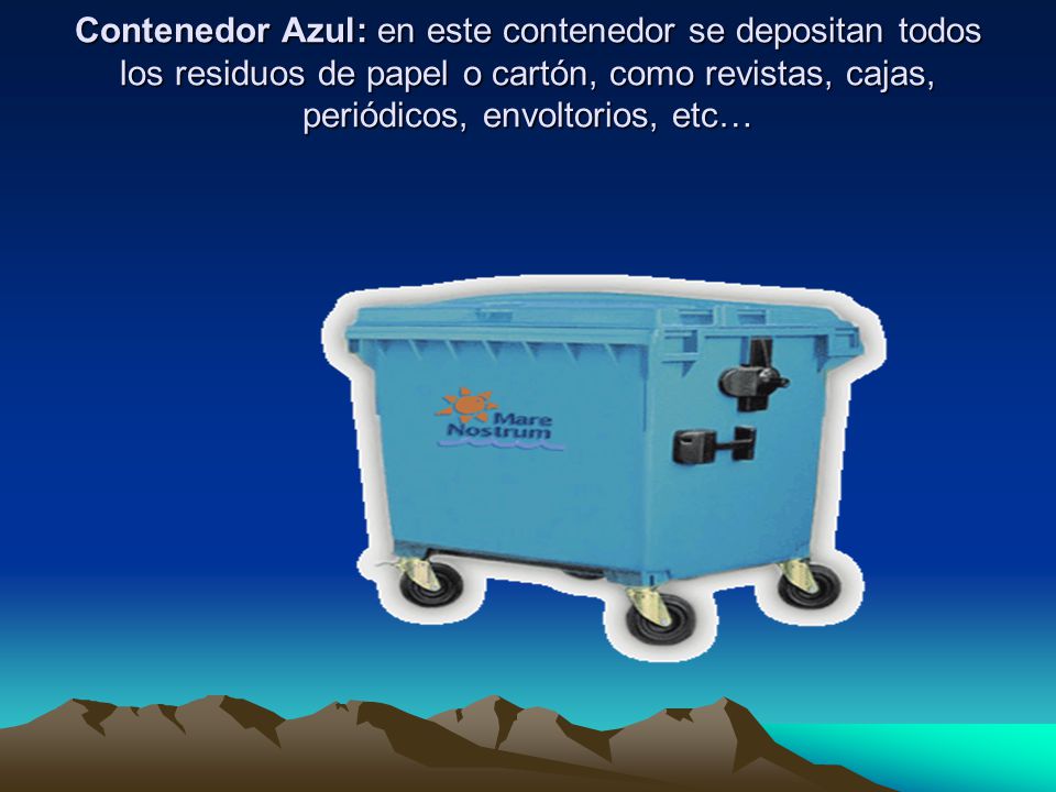 Contenedor Azul: en este contenedor se depositan todos los residuos de papel o cartón, como revistas, cajas, periódicos, envoltorios, etc…