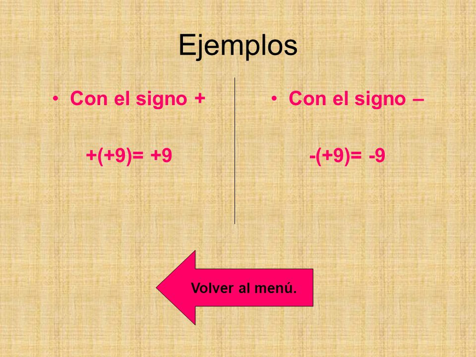Ejemplos Con el signo + +(+9)= +9 Con el signo – -(+9)= -9