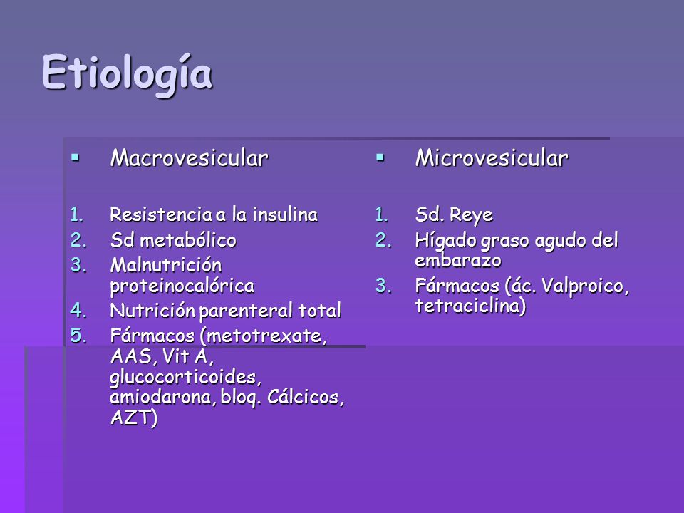 Etiología Macrovesicular Microvesicular Resistencia a la insulina