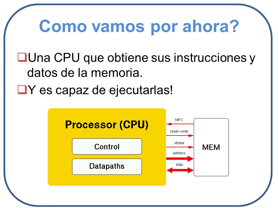 Como vamos por ahora. Una CPU que obtiene sus instrucciones y datos de la memoria.