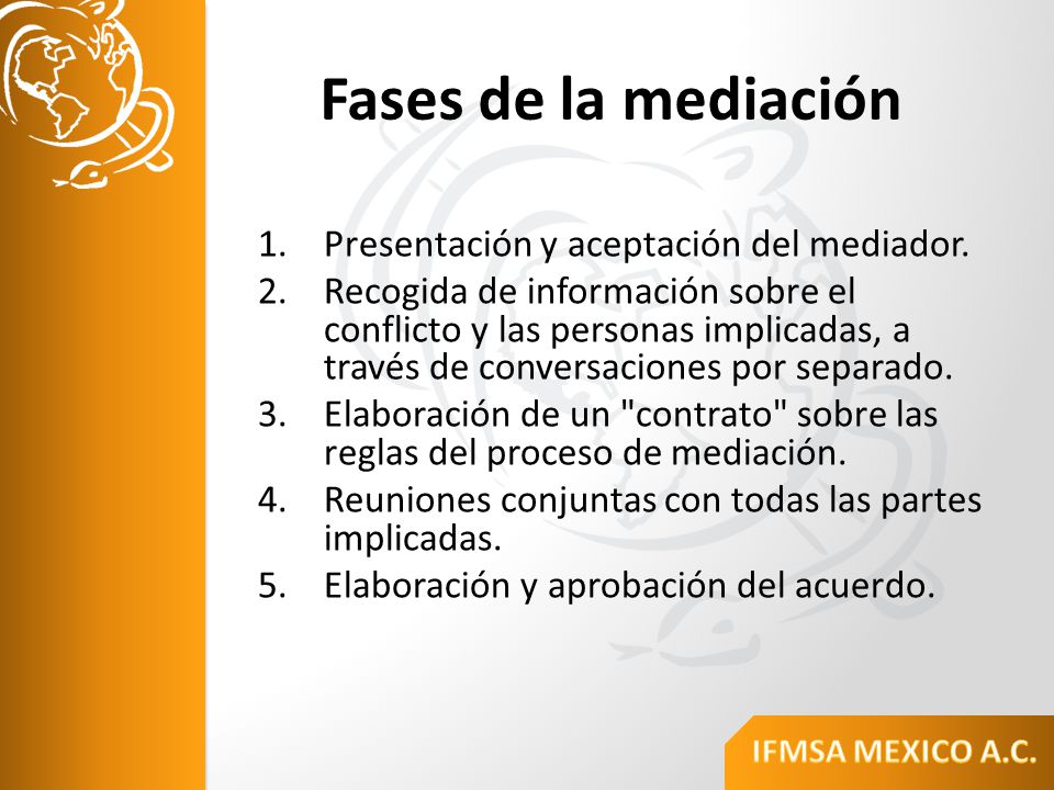 Fases de la mediación Presentación y aceptación del mediador.