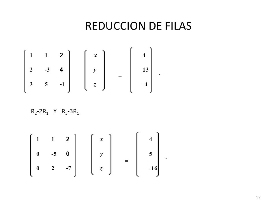 REDUCCION DE FILAS R2-2R1 Y R3-3R1 1 2 x = y z