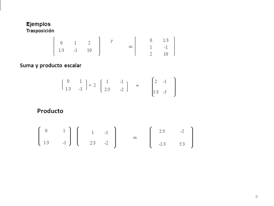 = = Producto Suma y producto escalar T Ejemplos Trasposición 1/3 1 -1