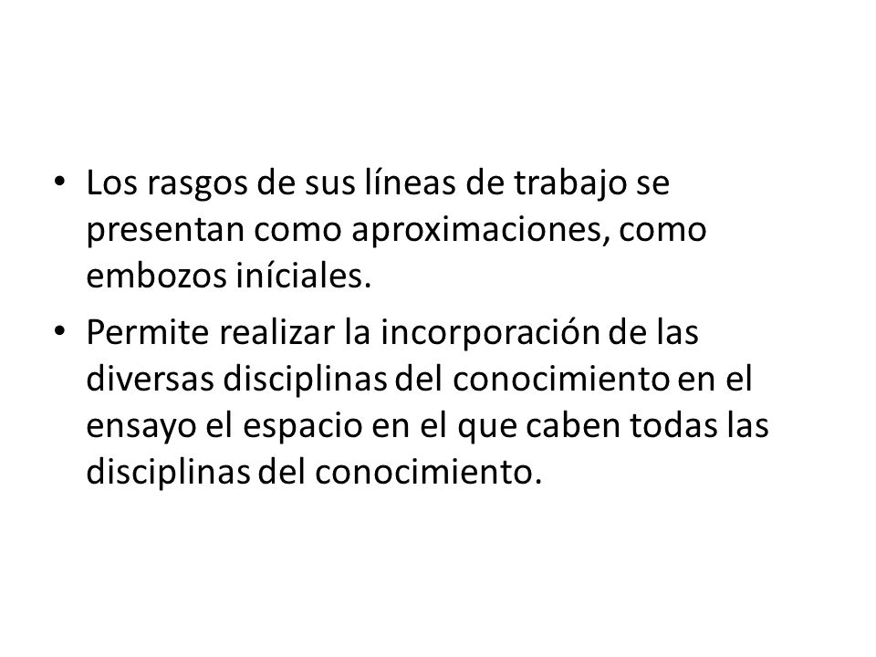 Los rasgos de sus líneas de trabajo se presentan como aproximaciones, como embozos iníciales.