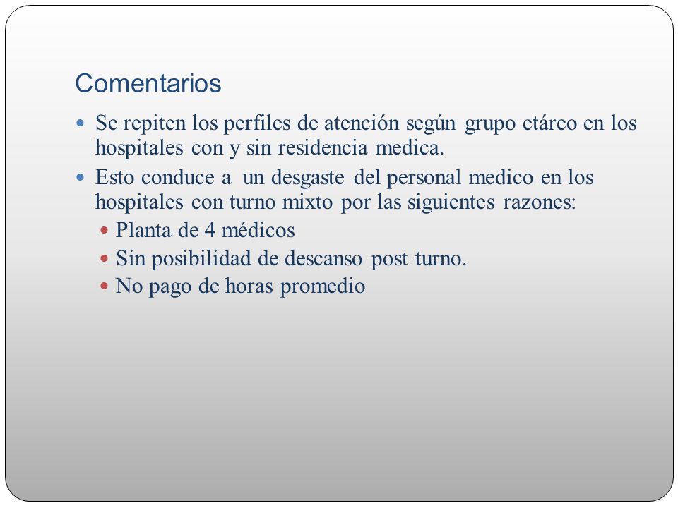 Comentarios Se repiten los perfiles de atención según grupo etáreo en los hospitales con y sin residencia medica.
