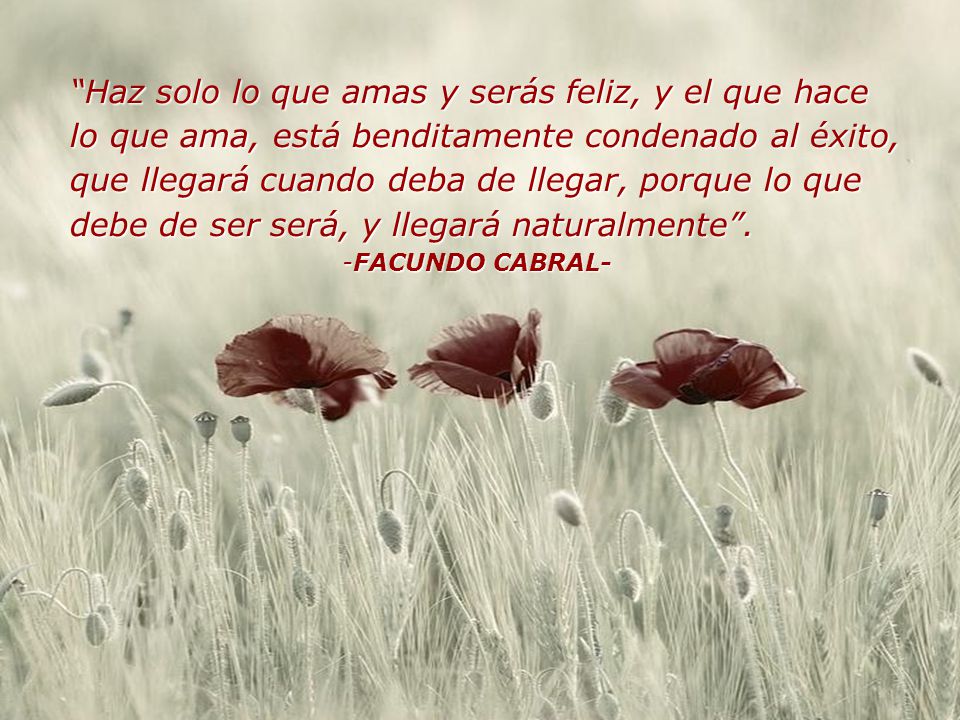 Haz solo lo que amas y serás feliz, y el que hace lo que ama, está benditamente condenado al éxito, que llegará cuando deba de llegar, porque lo que debe de ser será, y llegará naturalmente .