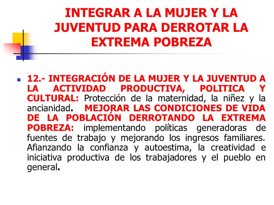 INTEGRAR A LA MUJER Y LA JUVENTUD PARA DERROTAR LA EXTREMA POBREZA