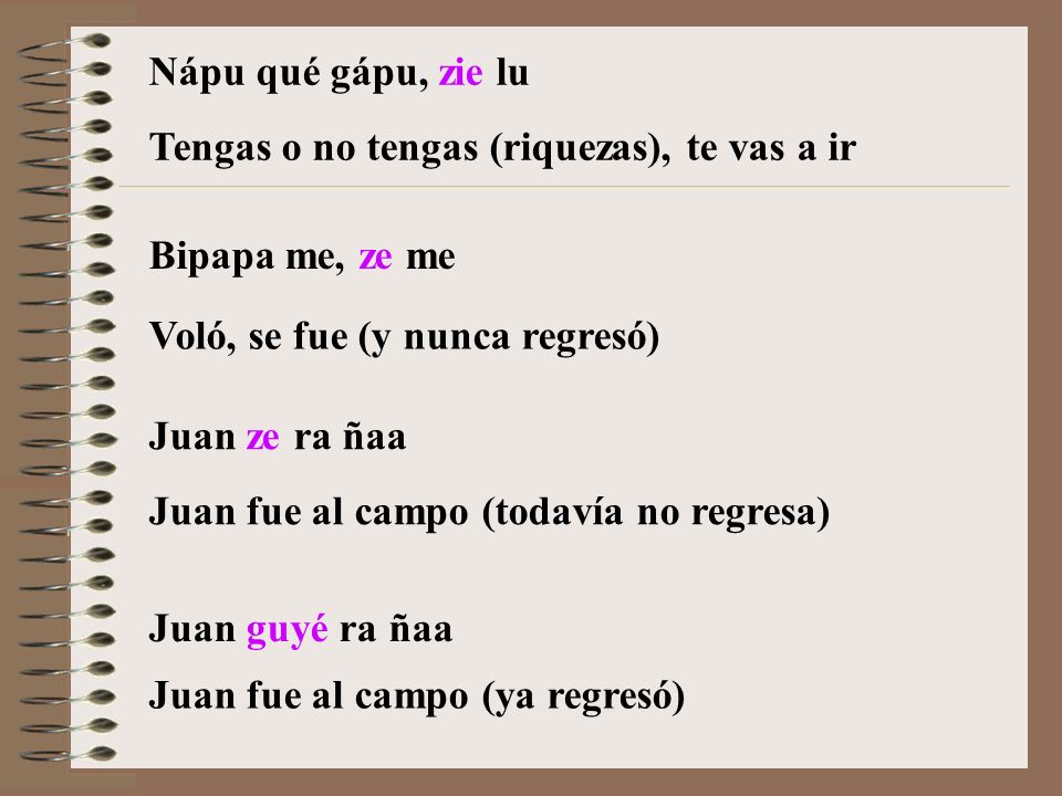Nápu qué gápu, zie lu Tengas o no tengas (riquezas), te vas a ir. Bipapa me, ze me. Voló, se fue (y nunca regresó)